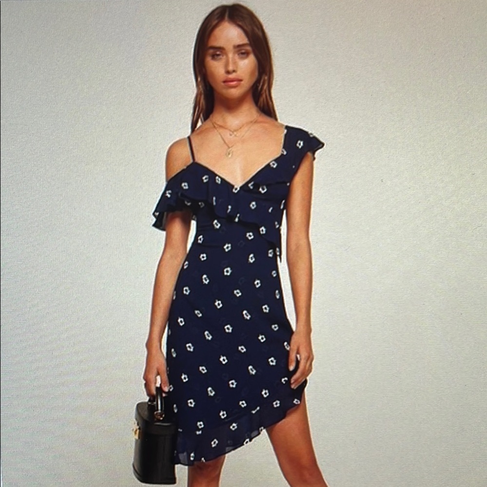 Reformation Adora Floral Asymmetrical Ruffle Hem Midi Dress Blue Size 8